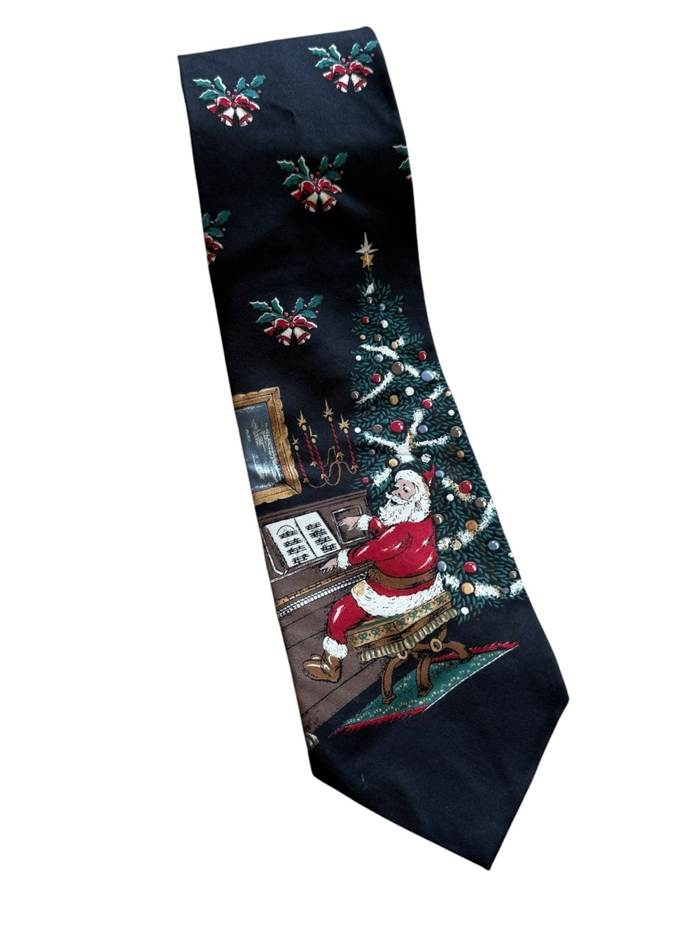 Vintage Golden Wreath Santa Piano Christmas Silk Tie Holiday Novelty Necktie
